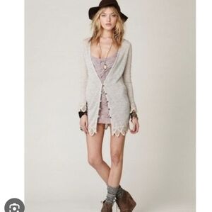 Free People boho long Cardigan Boho crochet laced hem Beige Boho medium
